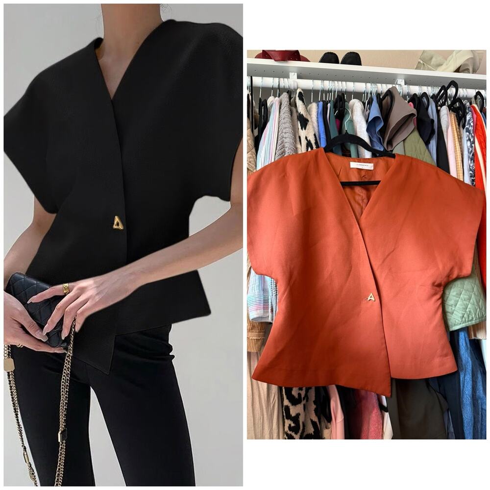 Commense Rust Orange Asymmetric Short Sleeve Blouse